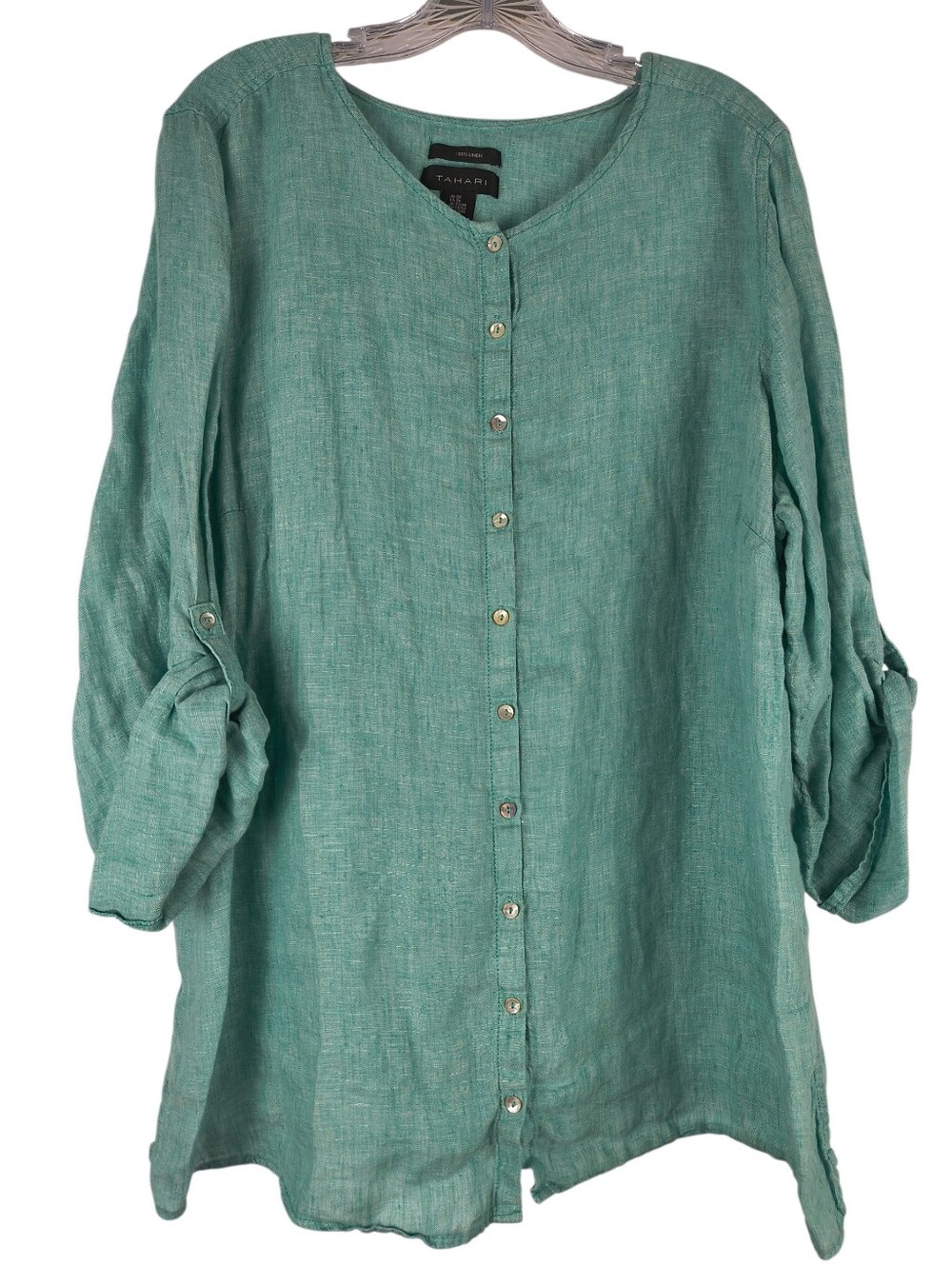 Tahari Tunic Women's 2X Blue Green Linen Button Down Roll Tab Sleeves Side Slits